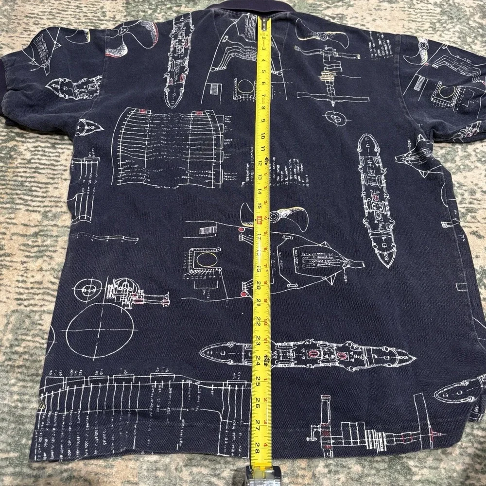 VINTAGE Submarine All Over Print Men's Polo Shirt Large Blue Short Sleeve